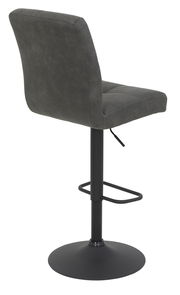 Rückansicht eines modernen Barhockers mit schwarzem Metallgestell und grauem gepolstertem Sitz.