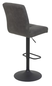 Achterkant van een moderne barkruk met een zwart metalen frame en een grijze gestoffeerde zitting.