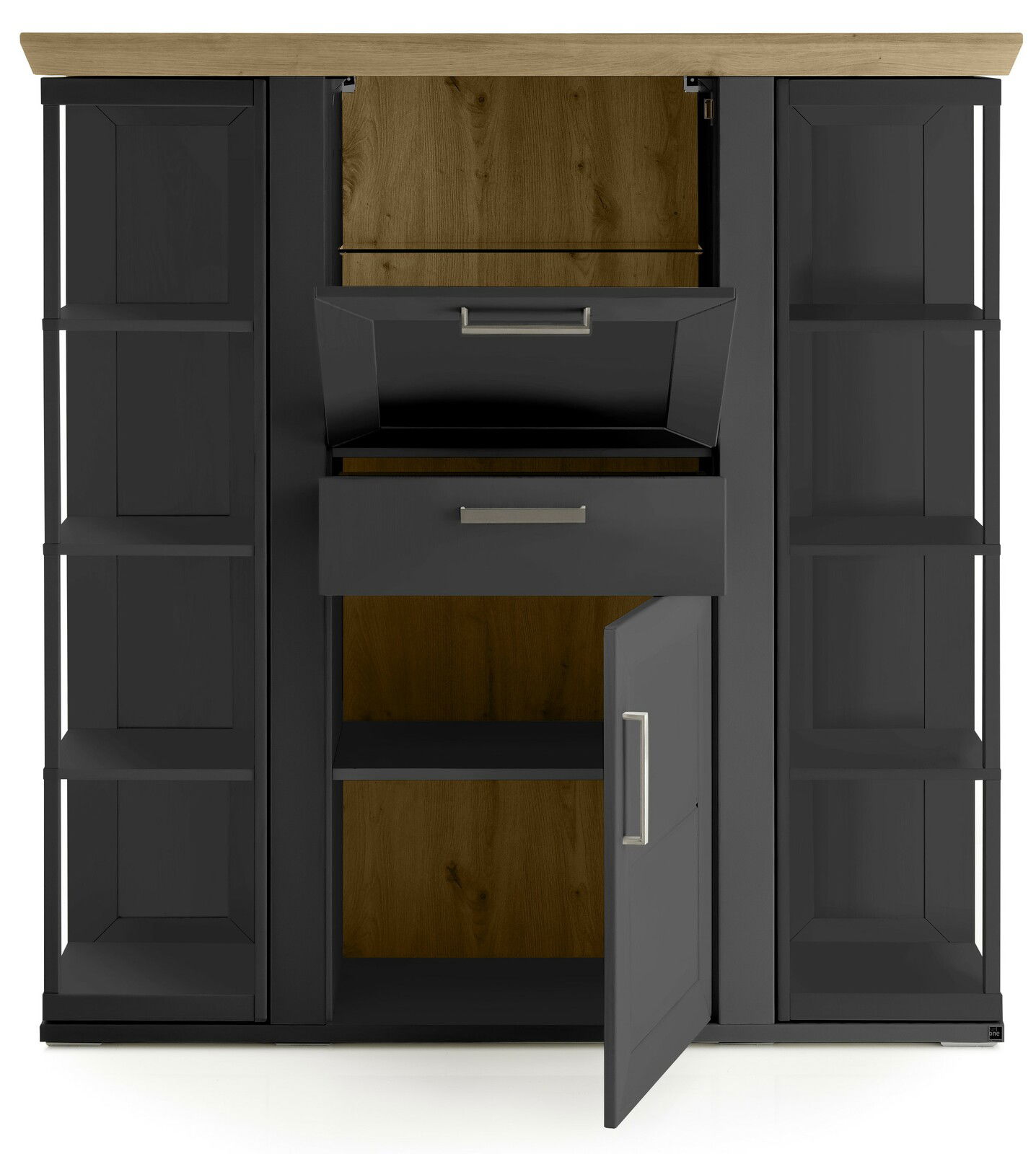 Frontansicht eines Highboards mit Karussell, dunkle Türen und Schubladen, Holzoberfläche, teilweise geöffnet.