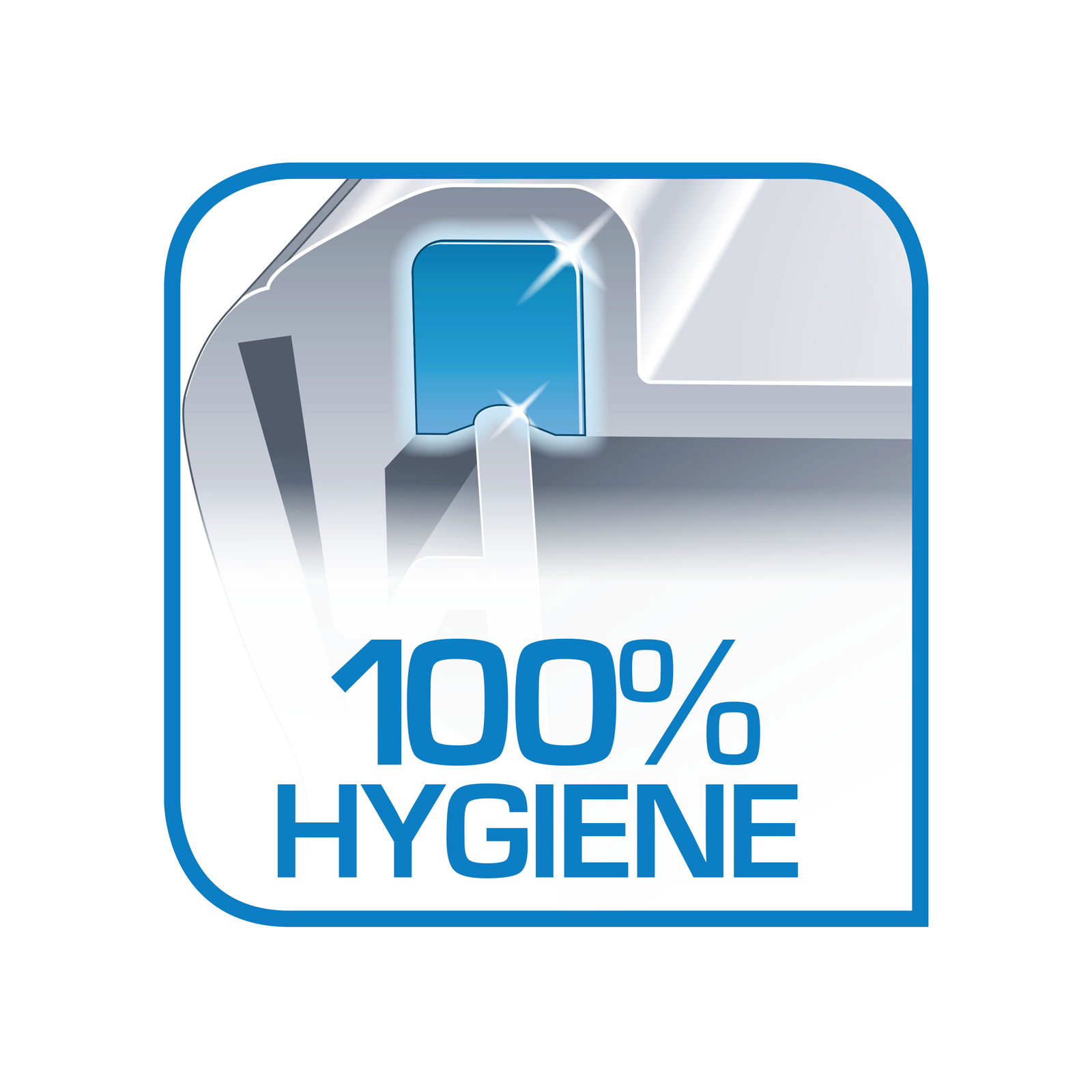 Nahaufnahme eines Symbols mit der Aufschrift '100% Hygiene', das die hygienischen Eigenschaften der Eiswürfelbox Clip & Close hervorhebt.