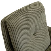 Nahaufnahme eines Armlehnstuhls mit grünem, geripptem Stoffbezug, Ansicht von hinten.