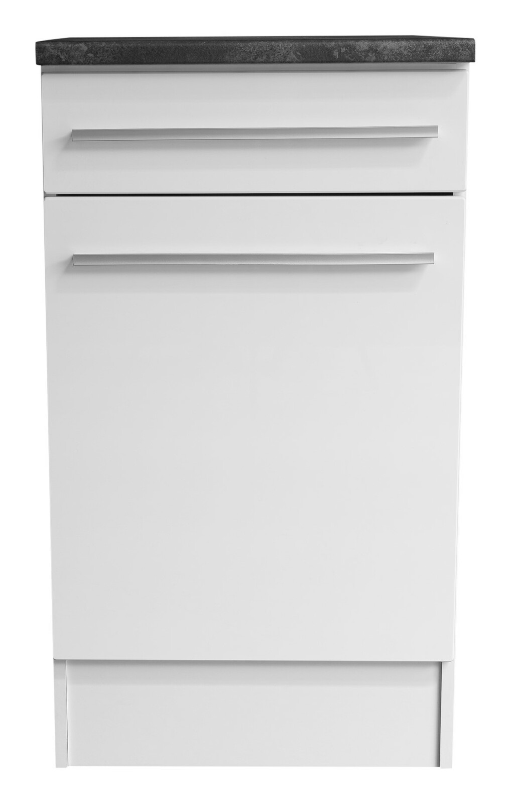 Yourkitchen Unterschrank JAZZ Frontansicht eines weißen Unterschranks mit zwei Schubladen und einer dunklen Arbeitsplatte.