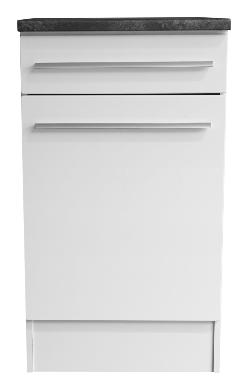 Yourkitchen Unterschrank JAZZ Frontansicht eines weißen Unterschranks mit zwei Schubladen und einer dunklen Arbeitsplatte.