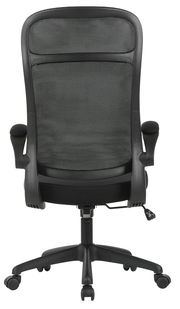 Rückansicht eines schwarzen Drehstuhls mit Netzrückenlehne und Armlehnen.