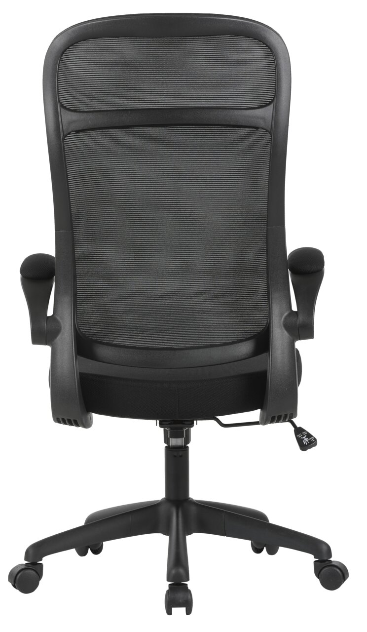 Rückansicht eines schwarzen Drehstuhls mit Netzrückenlehne und Armlehnen.