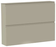 Beige Schuhschrank mit zwei Klappen, seitliche Perspektive