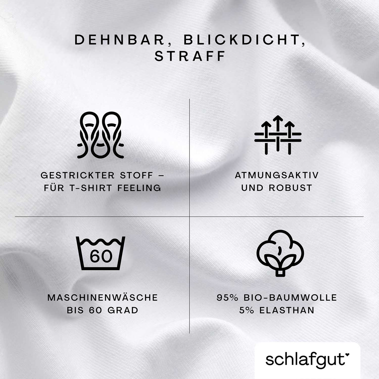 Nahaufnahme eines weißen Spannbettlakens aus 95% Bio-Baumwolle und 5% Elasthan, dehnbar, blickdicht und straff, geeignet für Maschinenwäsche bis 60 Grad, atmungsaktiv und robust, gestrickter Stoff für T-Shirt Feeling.