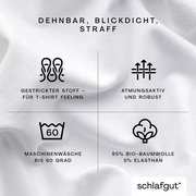 Nahaufnahme eines weißen Spannbettlakens aus 95% Bio-Baumwolle und 5% Elasthan, dehnbar, blickdicht und straff, geeignet für Maschinenwäsche bis 60 Grad, atmungsaktiv und robust, gestrickter Stoff für T-Shirt Feeling.