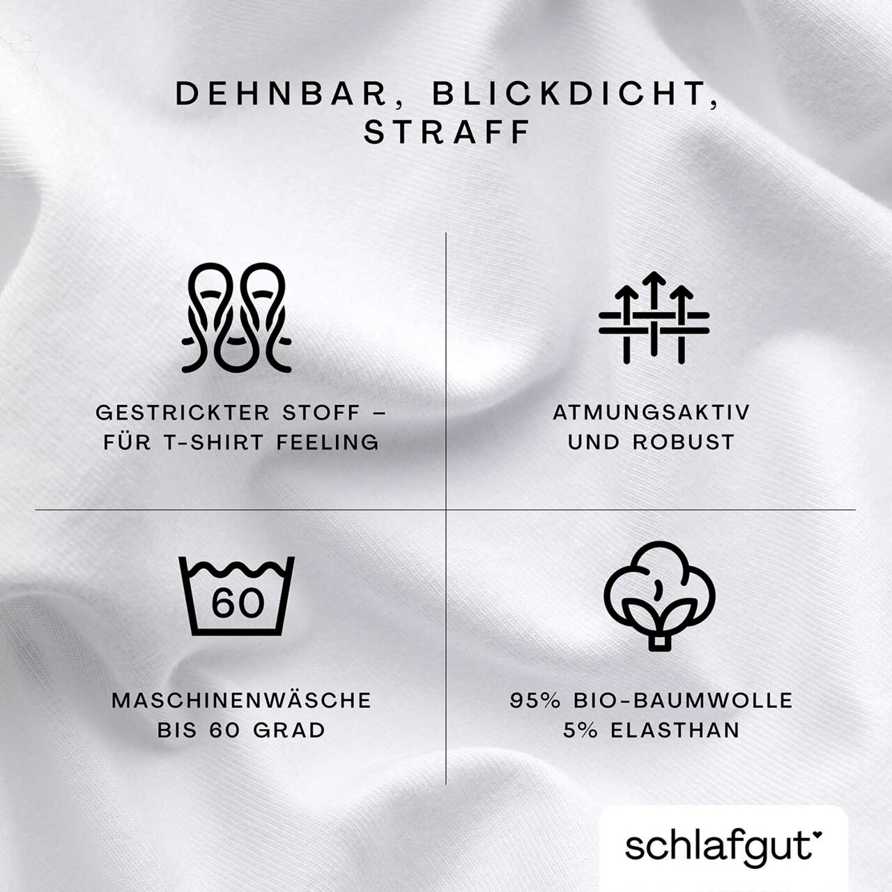 Nahaufnahme eines weißen Spannbettlakens aus 95% Bio-Baumwolle und 5% Elasthan, dehnbar, blickdicht und straff, geeignet für Maschinenwäsche bis 60 Grad, atmungsaktiv und robust, gestrickter Stoff für T-Shirt Feeling.