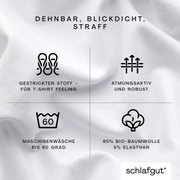 Close-up van een wit hoeslaken van 95% biologisch katoen en 5% elastaan, rekbaar, ondoorzichtig en strak, geschikt voor machinewas tot 60 graden, ademend en stevig, gebreide stof voor een T-shirtgevoel.