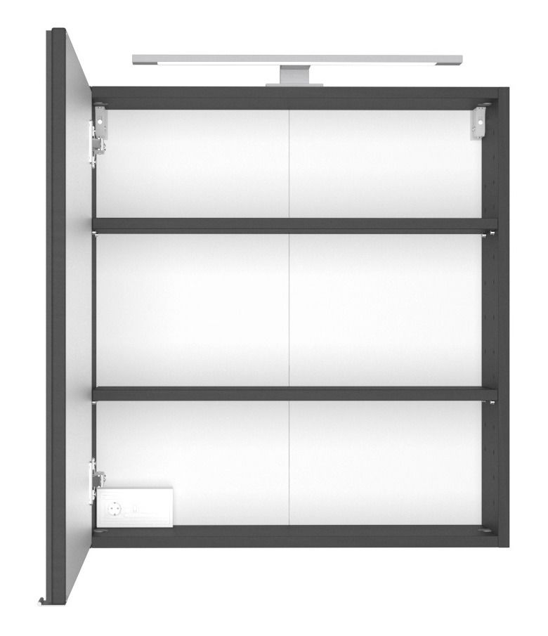 Offener Spiegelschrank mit zwei Regalböden und integrierter Beleuchtung, seitliche Perspektive