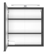 Offener Spiegelschrank mit zwei Regalböden und integrierter Beleuchtung, seitliche Perspektive