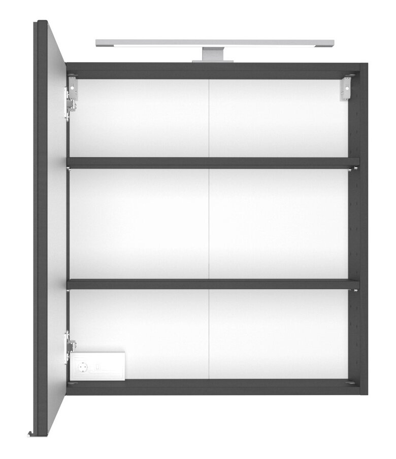 Offener Spiegelschrank mit zwei Regalböden und integrierter Beleuchtung, seitliche Perspektive