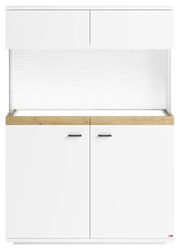 Frontansicht eines modernen weißen Highboards mit Holzdetails und schwarzen Griffen.