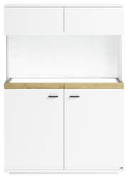 Frontansicht eines modernen weißen Highboards mit Holzdetails und schwarzen Griffen.