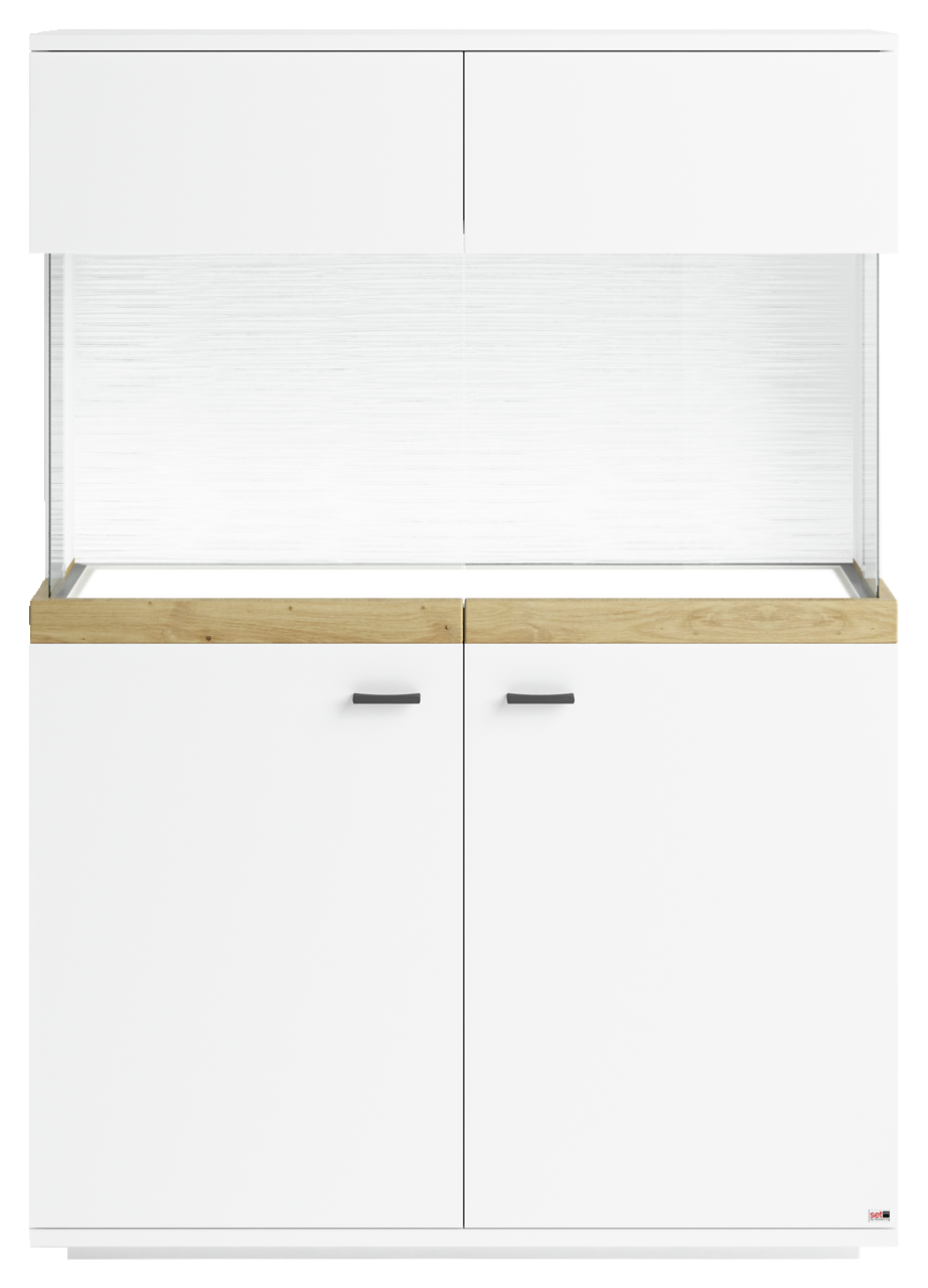 Frontansicht eines modernen weißen Highboards mit Holzdetails und schwarzen Griffen.