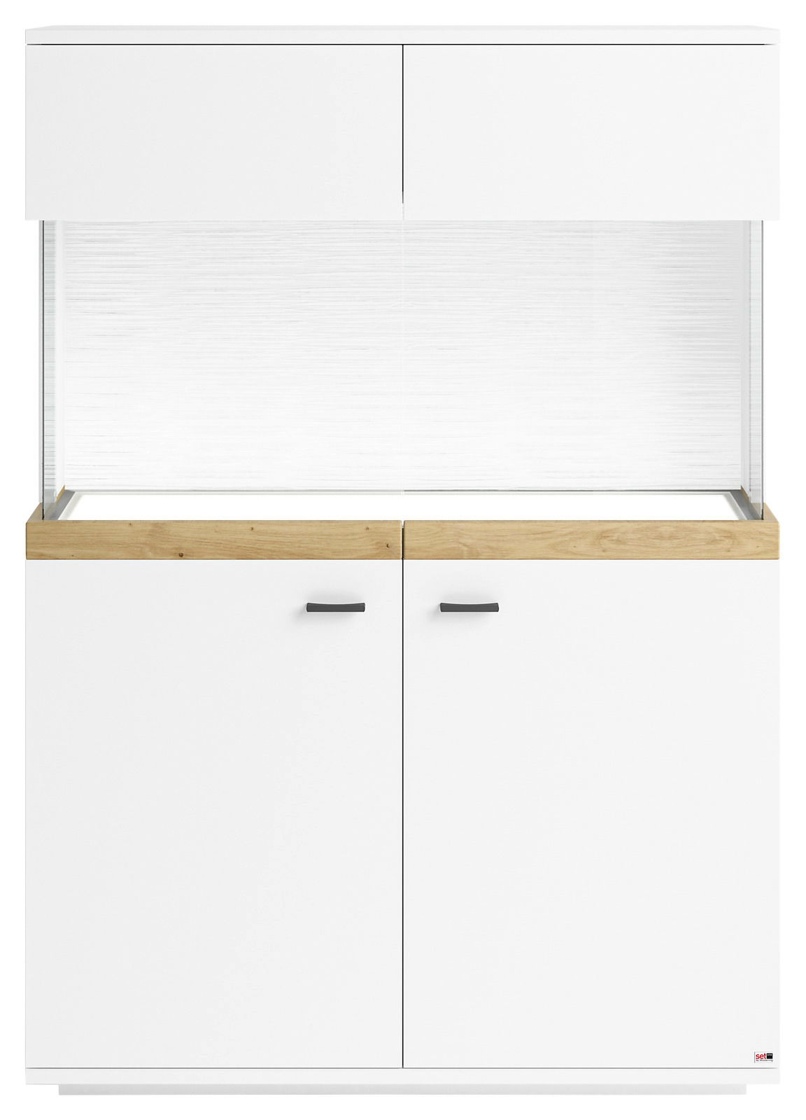 Frontansicht eines modernen weißen Highboards mit Holzdetails und schwarzen Griffen.