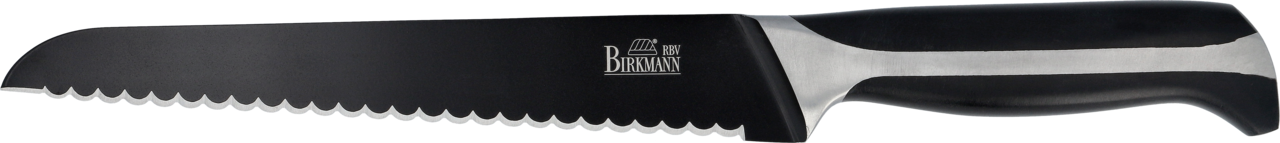 Brotmesser mit schwarzer, gezahnter Klinge und ergonomischem Griff, seitliche Perspektive
