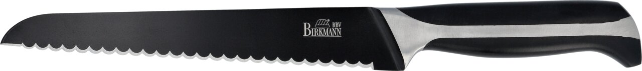 Brotmesser mit schwarzer, gezahnter Klinge und ergonomischem Griff, seitliche Perspektive