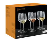 Verpackung eines 6-teiligen Universal- und Weißweinglas-Sets von Nachtmann, frontal abgebildet.