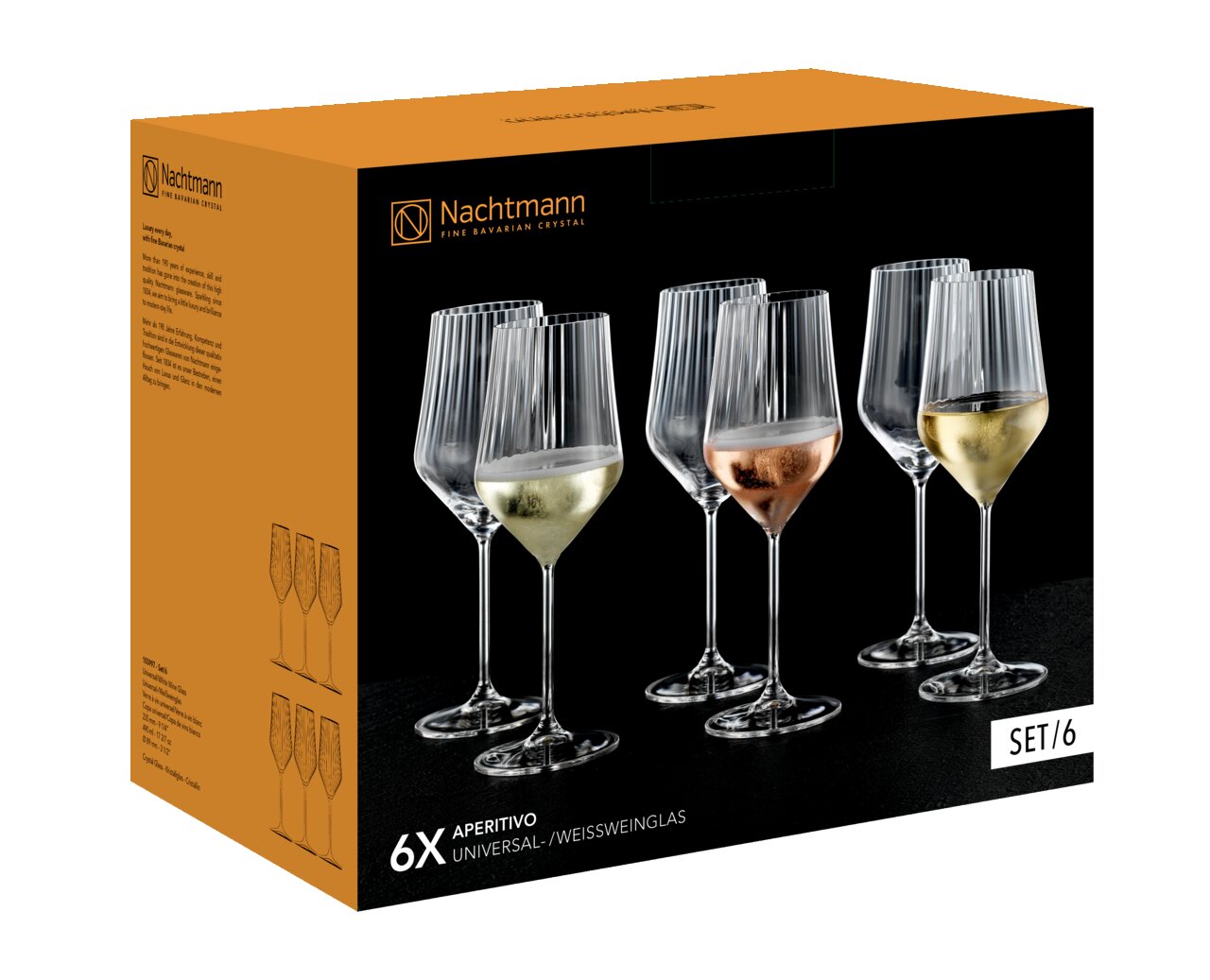 Verpackung eines 6-teiligen Universal- und Weißweinglas-Sets von Nachtmann, frontal abgebildet.