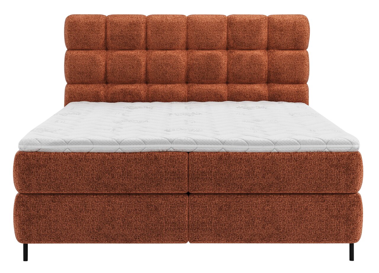 Boxspringbett in Rostrot mit gepolstertem Kopfteil, Frontalansicht
