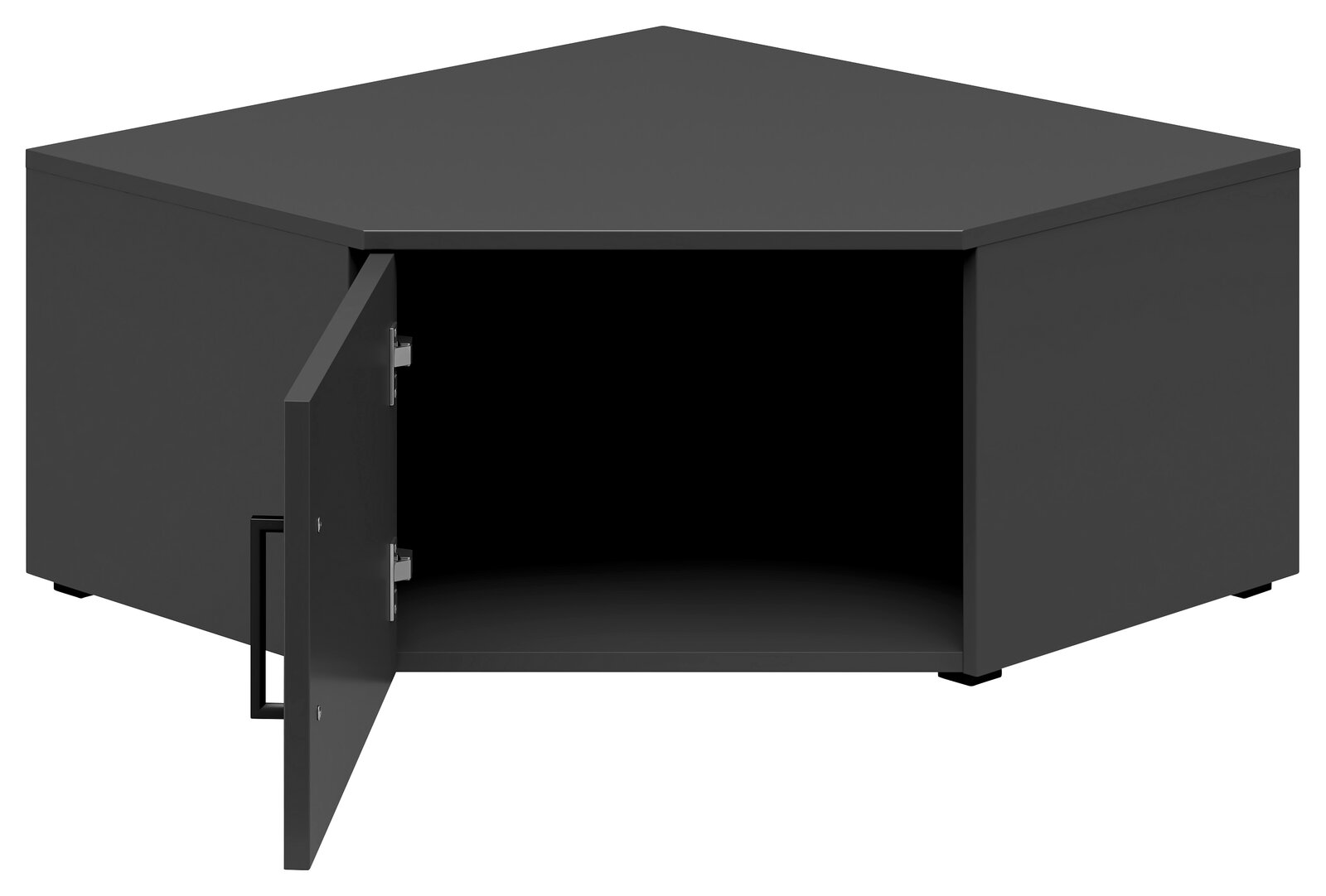 Eckaufsatzschrank in dunkler Farbe mit geöffneter Tür, frontale Perspektive