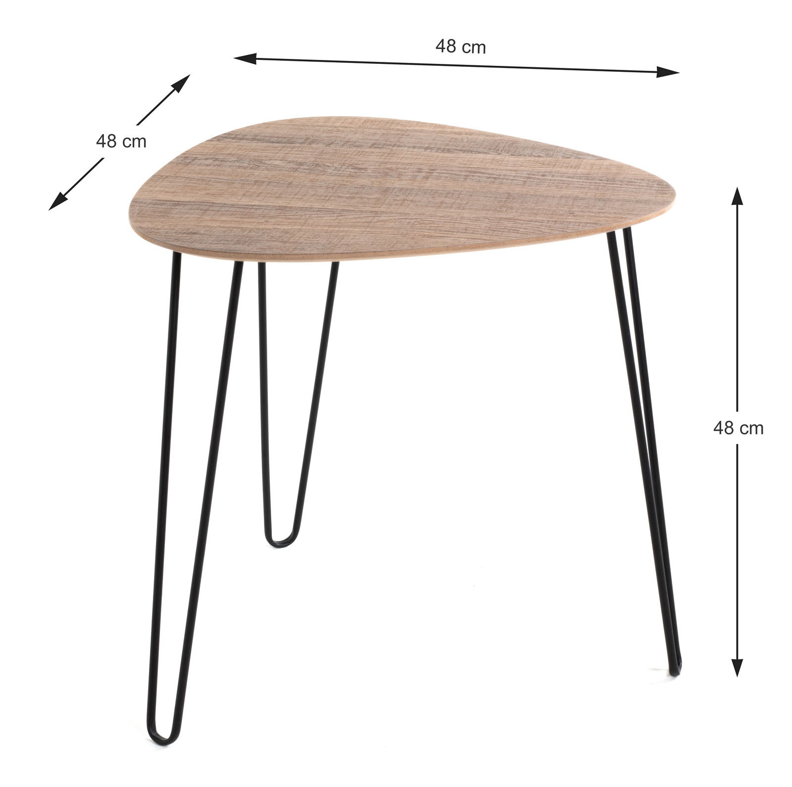 Moderner Beistelltisch mit dreieckiger Holzplatte und schwarzen Metallbeinen, seitliche Perspektive