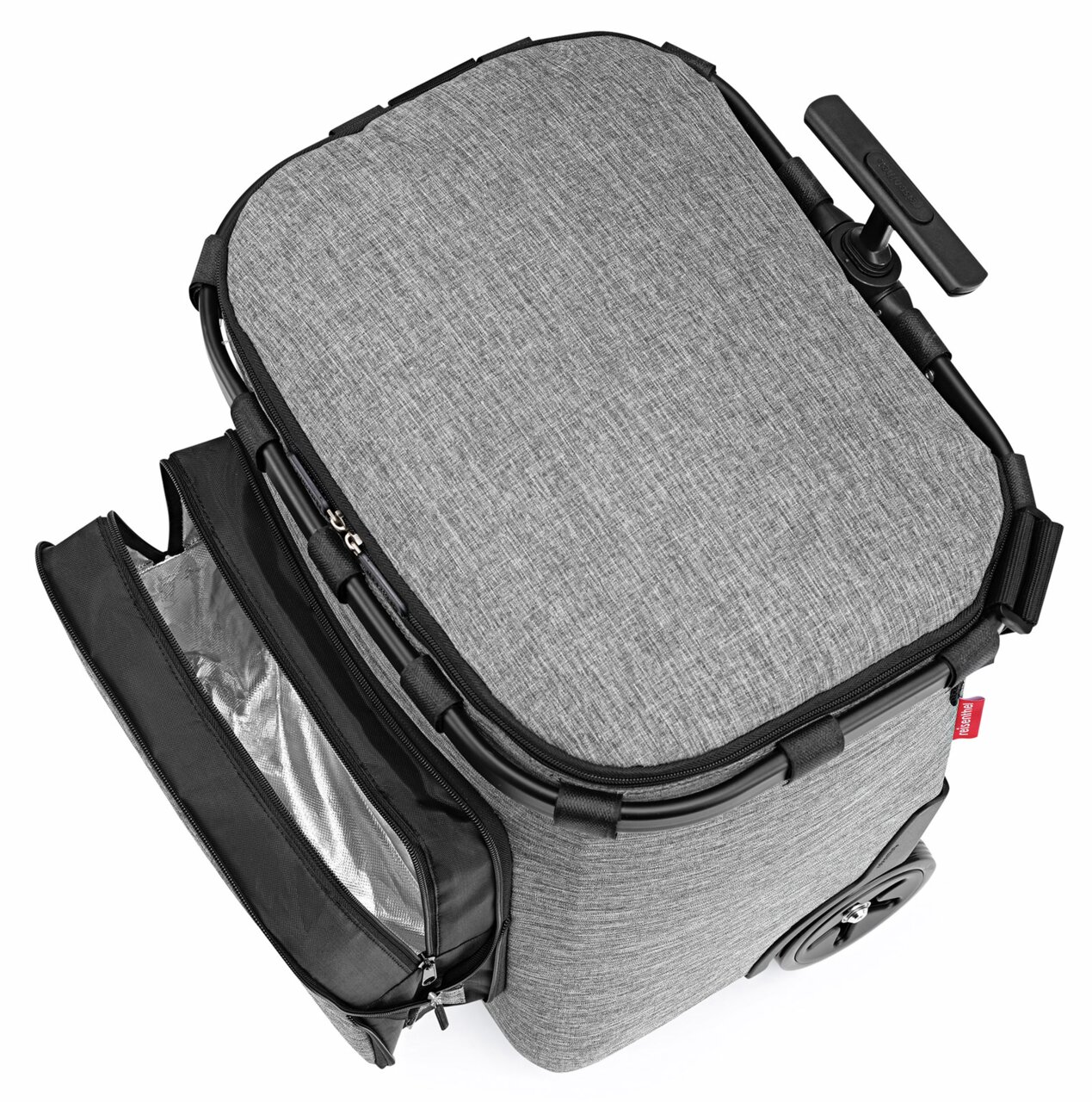 Carrycruiser Plus Frame in grauem Stoff, von oben fotografiert, mit ausgeklappter Vordertasche und Teleskopgriff.