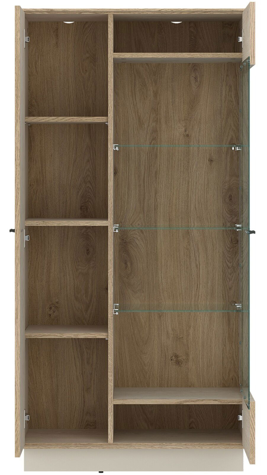 Frontansicht einer Highboardvitrine mit Holzeffekt und Glastüren, die mehrere Regalfächer zeigt.