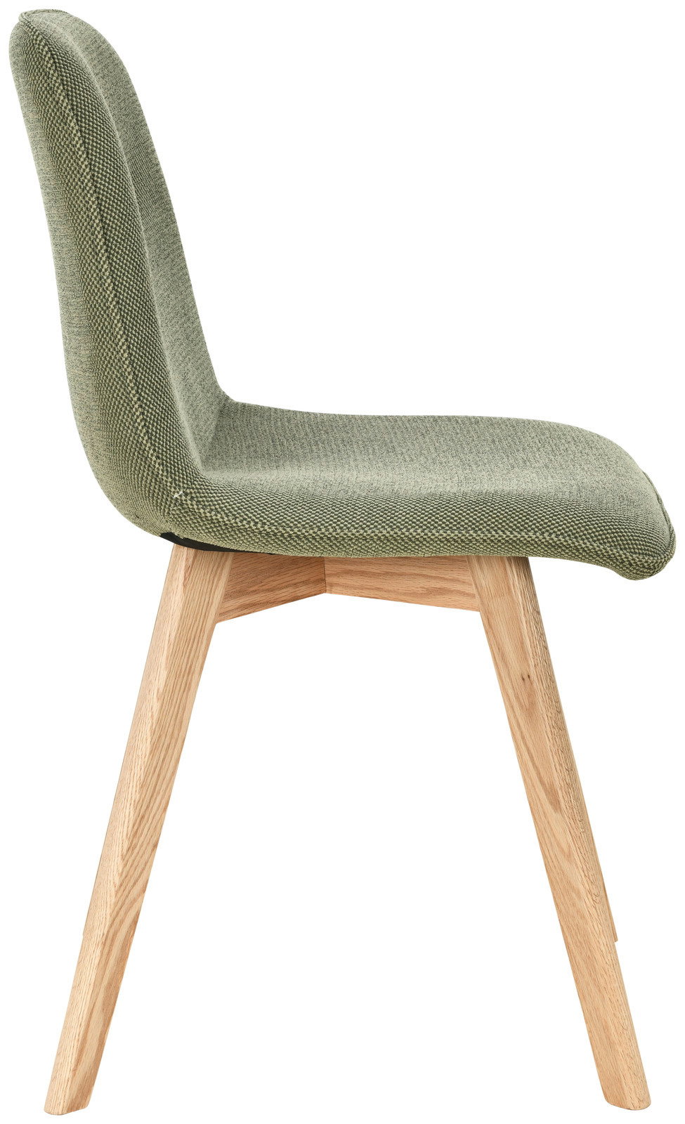 Moderner Stuhl mit grünem Stoffbezug und Holzbeinen, Seitenansicht