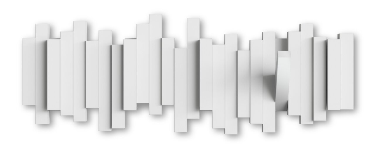 Moderne Wandgarderobe mit vertikalen, versetzten weißen Paneelen, frontal betrachtet.