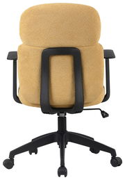 Rückansicht eines drehbaren Bürostuhls mit beigem Stoffbezug und schwarzen Armlehnen.