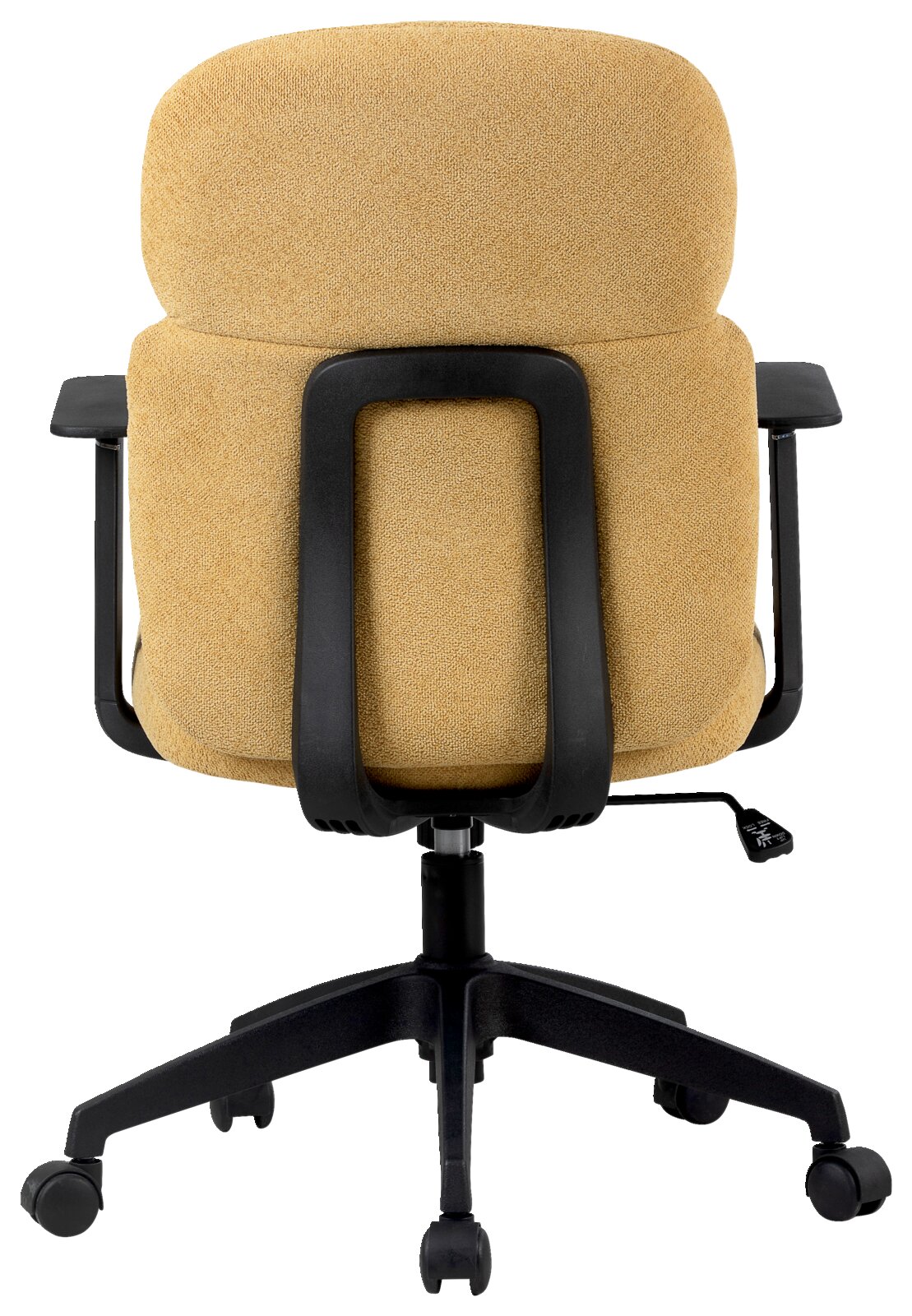 Achterkant van een draaibare bureaustoel met een beige stoffen bekleding en zwarte armleuningen.