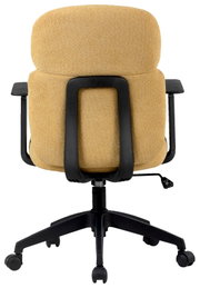 Achterkant van een draaibare bureaustoel met een beige stoffen bekleding en zwarte armleuningen.