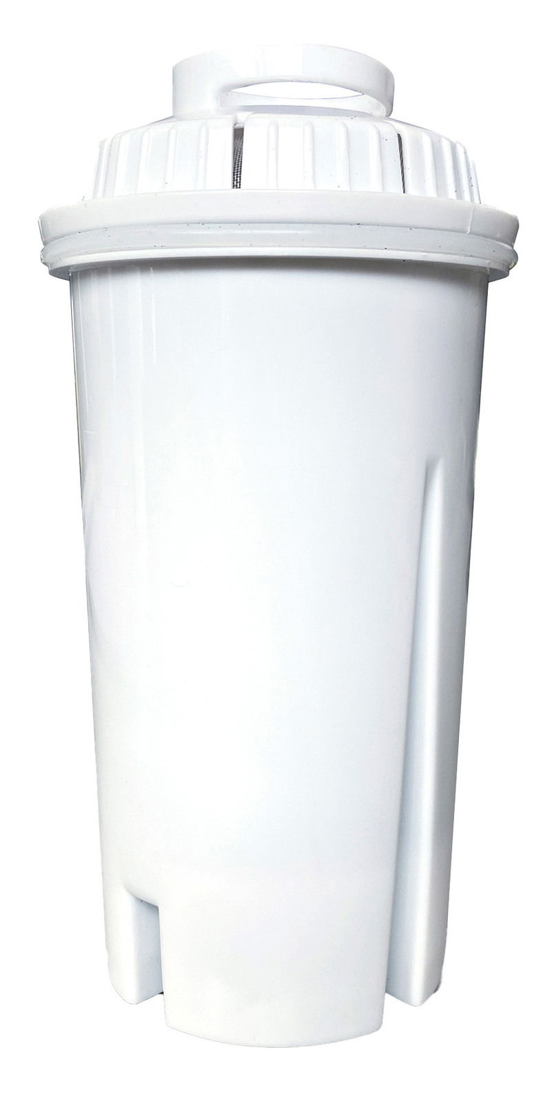Nahaufnahme eines weißen Ersatz-Wasserfilters in zylindrischer Form, von der Seite betrachtet.