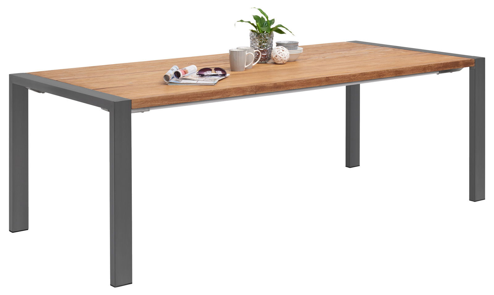 Moderner Gartentisch mit Holzplatte und Metallbeinen, seitliche Perspektive