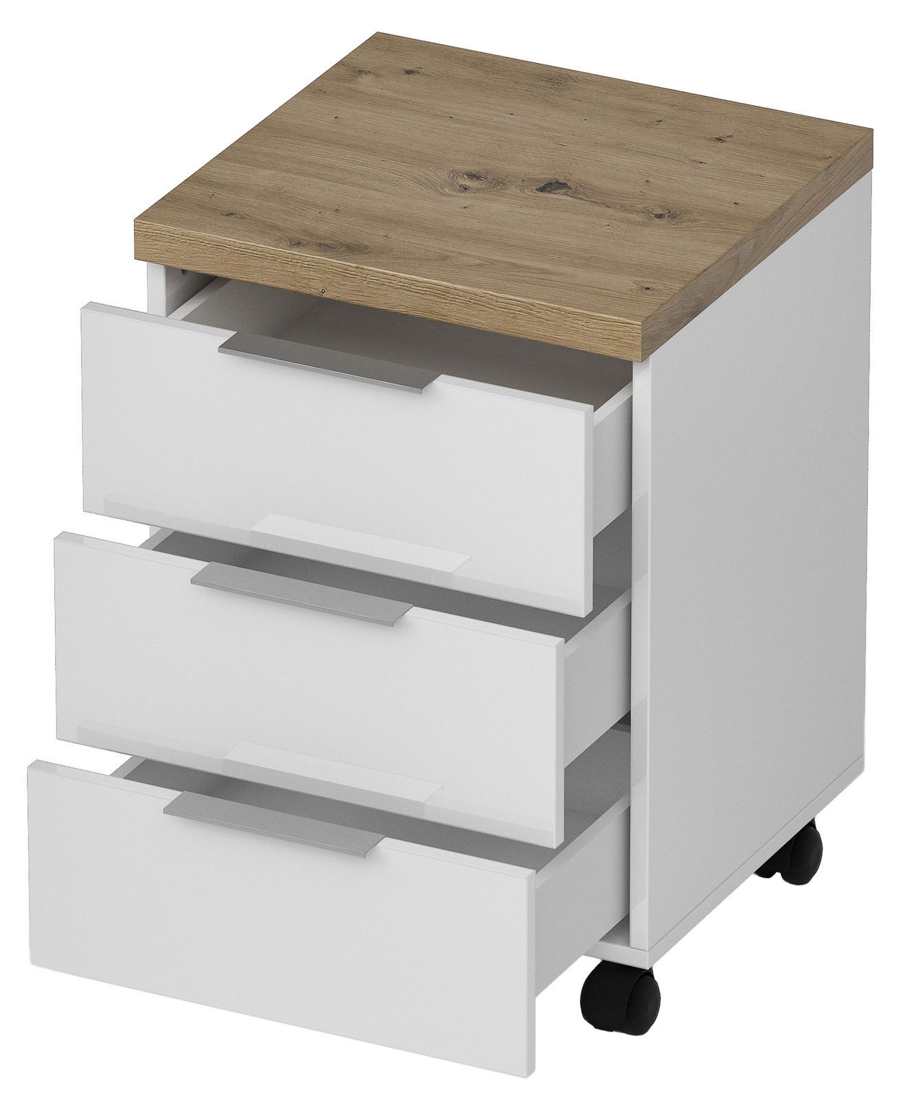 Rollcontainer mit drei offenen Schubladen, weiß mit Holzoberfläche, auf Rollen, Perspektive von vorne rechts