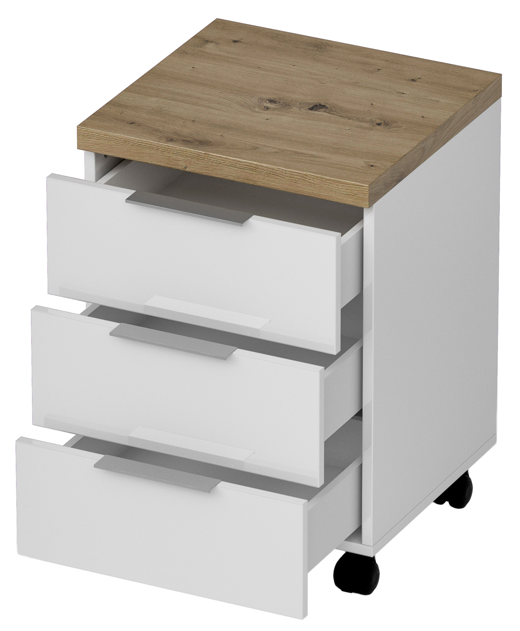 Rollcontainer mit drei offenen Schubladen, weiß mit Holzoberfläche, auf Rollen, Perspektive von vorne rechts