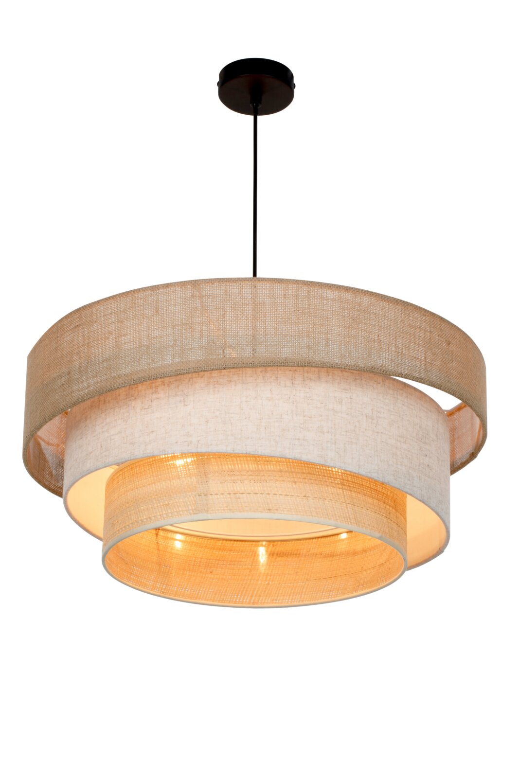 Novel Hanglamp METKOVIC Beige hanglamp met drie gelaagde cilindervormige linnen/katoenen kappen en zwarte plafondkap, warm licht, frontale productfoto licht van onderen