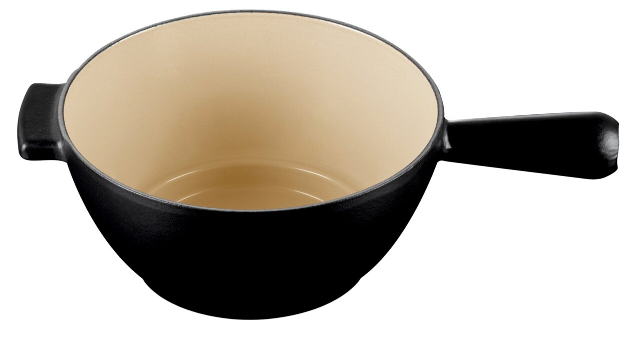 Schwarzer Fondue-Topf mit cremefarbener Innenbeschichtung, seitliche und obere Perspektive