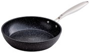 Aluminium-Pfanne mit 24 cm Durchmesser, schwarze Antihaftbeschichtung mit weißen Sprenkeln, seitliche Perspektive