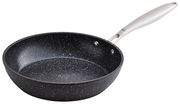 Aluminium-Pfanne mit 24 cm Durchmesser, schwarze Antihaftbeschichtung mit weißen Sprenkeln, seitliche Perspektive