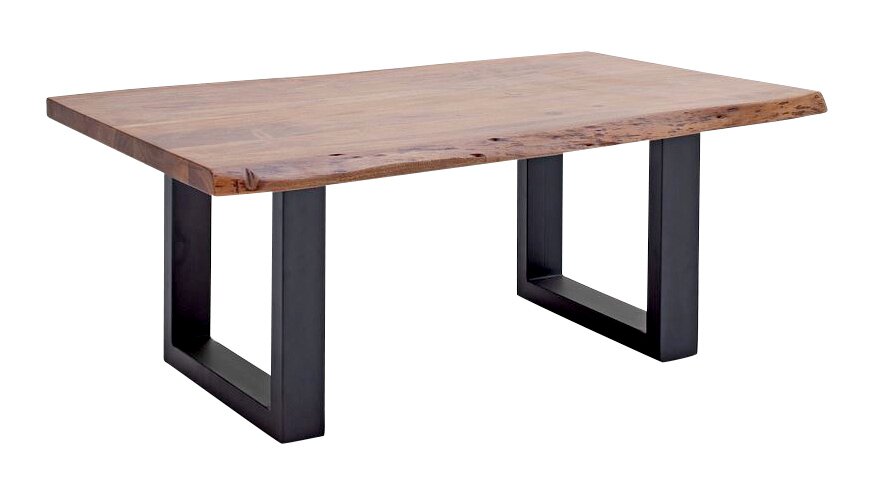 Moderne houten salontafel met rechthoekig tafelblad en zwarte metalen poten, gezien vanaf de zijkant.