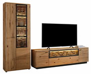Wandkombination aus Holz mit Vitrine und TV-Schrank, Frontansicht