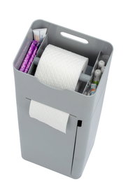 Graue 6-in-1 Stand WC-Garnitur Imon mit Toilettenpapierhalter und Fächern für Hygieneartikel, Ansicht von oben.