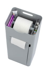 Graue 6-in-1 Stand WC-Garnitur Imon mit Toilettenpapierhalter und Fächern für Hygieneartikel, Ansicht von oben.