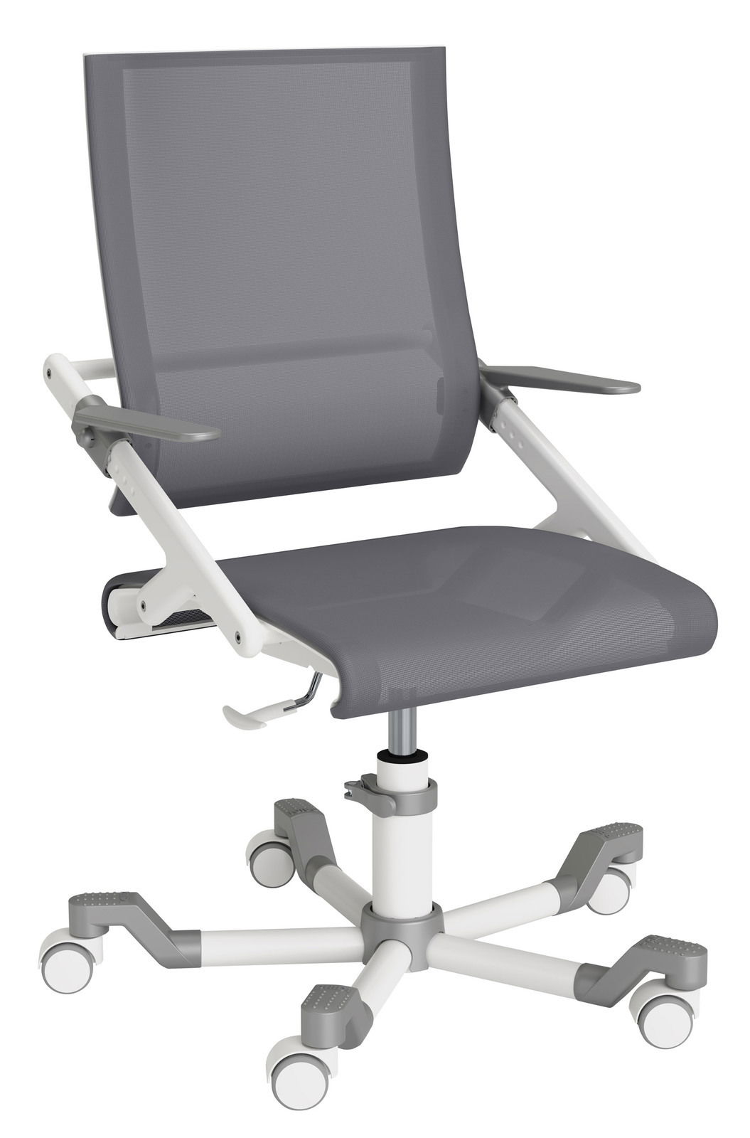 Moderner Bürostuhl mit Netzrückenlehne und Armlehnen, seitliche Perspektive