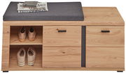 Vorderansicht einer XL-Bank aus Holz mit grauem Sitzpolster, zwei offenen Fächern für Schuhe und zwei Schubladen.