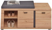 Vooraanzicht van een XL-bank van hout met grijze zitbekleding, twee open vakken voor schoenen en twee lades.